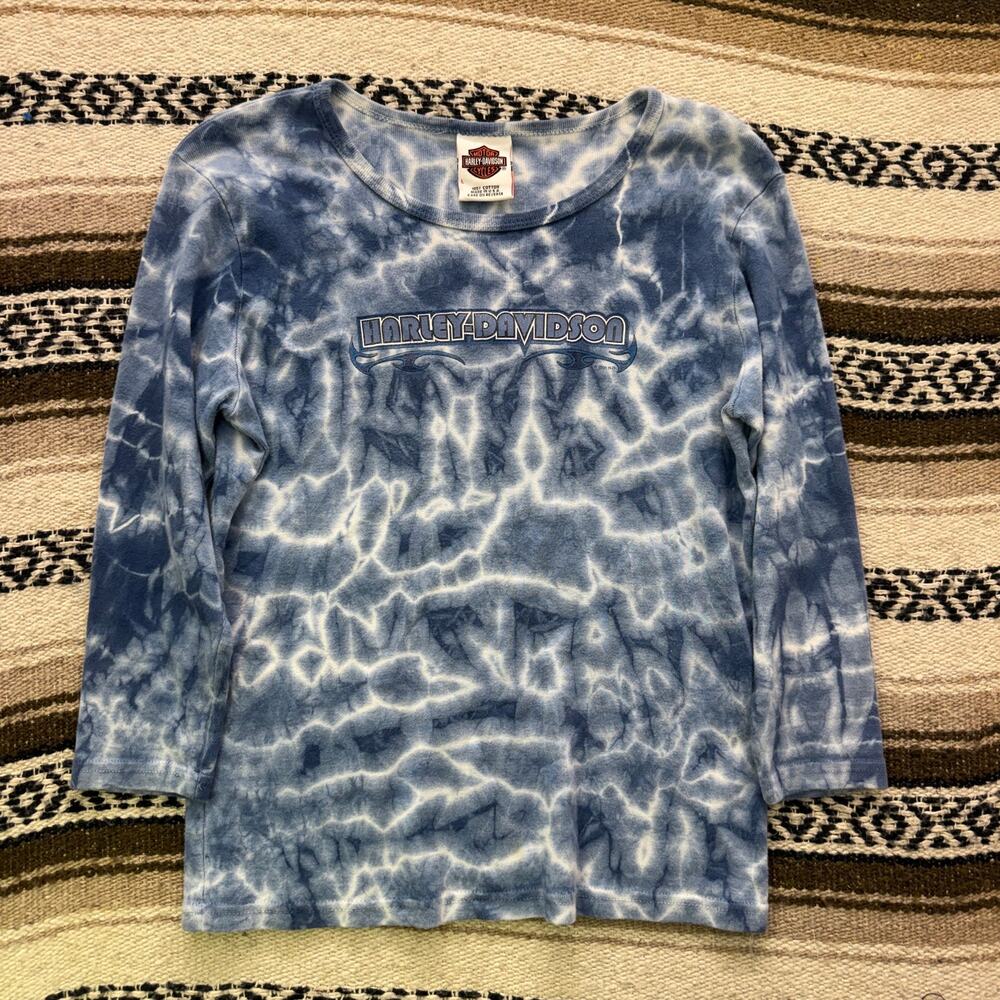 Women's Vintage Harley Davidson Motorcycles Blue White Dyed Long Sleeve Shirt L